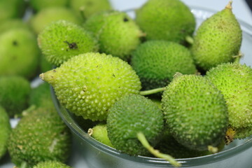 Fresh green colorful spiny gourd or teasel gourd vegetables on white background