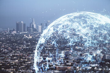 Double exposure of social network theme drawing and cityscape background. Concept of people...