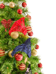 Joyful studio shot of a Christmas tree with colorful ornaments, isolated on white