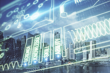 Double exposure of education theme drawing and cityscape background.