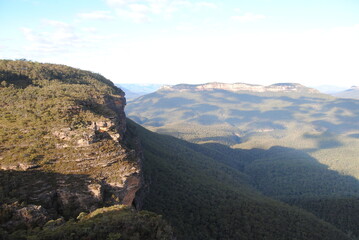 The cliffs and the hiking trails in the Blue Mountains national park in Australia on the sunny winter day