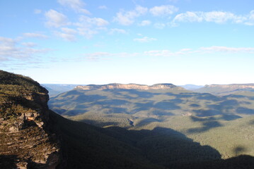The cliffs and the hiking trails in the Blue Mountains national park in Australia on the sunny winter day