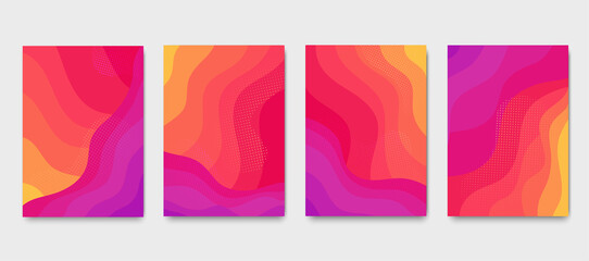 Burning flame wavy gradient brochures. Set of abstract colorful liquid modern posters.