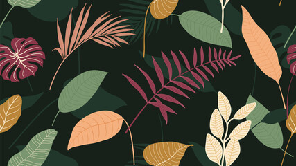 Floral seamless background pattern with exotic flowers and leaves, split-leaf Philodendron plant ,monstera plant, Jungle plants line art on trendy background. Vector illustration.