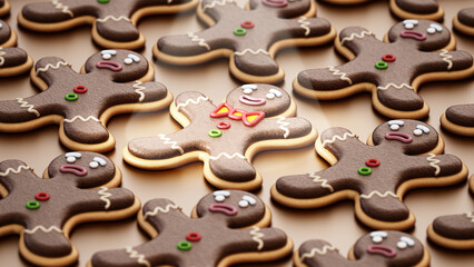 Happy gingerbread man cookie stands out in the crowd. 3D illustration