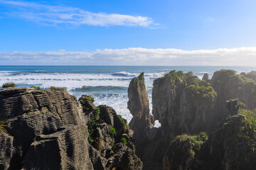 The famous Pancake Rocks near Punakaiki on the west coast of south island in New Zealand.