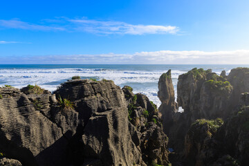 The famous Pancake Rocks near Punakaiki on the west coast of south island in New Zealand.