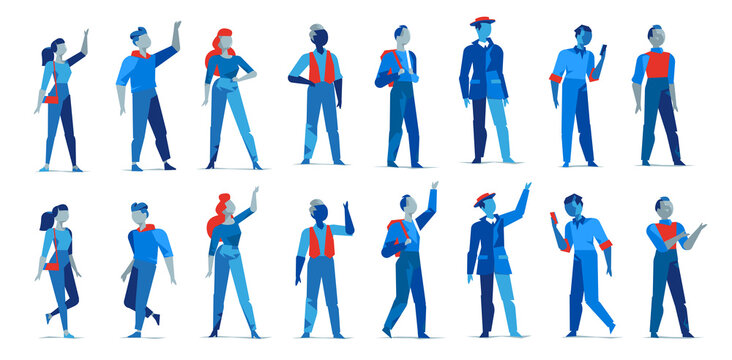 Collezione di personaggi maschili e femminili per l'animazione. Avatar donne e uomini in diverse posizioni isolati su fondo bianco