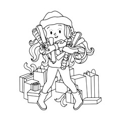 Simple black and white outline drawing, coloring cute girl with gifts, shopping for the New Year 2021 and Christmas, linear drawing Doodle sketch illustration isolated on a white background. vector