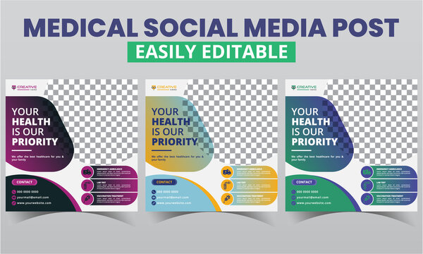 Medical social media post design Vector editable templates. Modern geometrical shapes composition square Promo Social Media Healthcare Post Layouts Timeline Web Banner & Poster with photo collage.