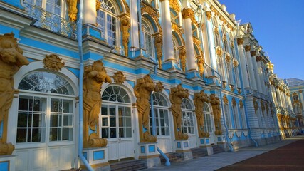 Facade of Catherine Palace located in suburb of St. Petersburg, in the city of Pushkin (Tsarskoe selo), Russia. Travelling. Russian royal tourist attractions. Architect Rastrelli. Famous Place.
