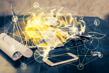 Double exposure of desktop with computer and brain drawing hologram. Artificial intelligence concept.