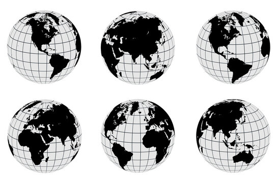 Earth globes set, different views with  parallels and meridians, isolated vector world spheres design. 