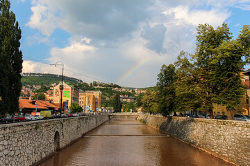The Miljacka River flowing through Sarajevo on a summers evening
