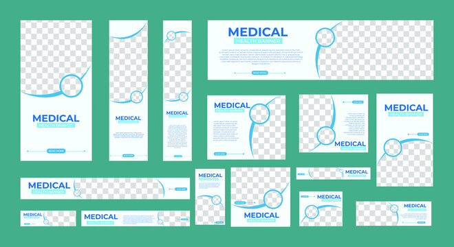 Set of Medical Health Banners of standard size with a place for photos. Vertical, horizontal and square template. vector illustration EPS 10