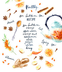 Hand drawn hot drink recipe ingredients.