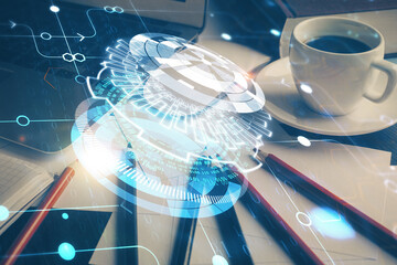 Double exposure of desktop with computer on background and tech theme drawing. Concept of big data.