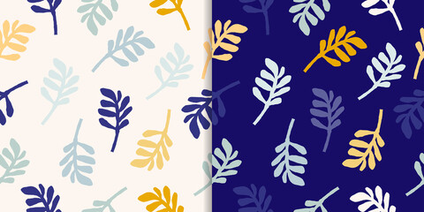 Abstract seamless patterns set with doodles shapes, colorful leaves, modern design