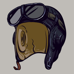 Flying black aviator helmet with goggles. - 377493954