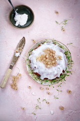 Perfect cake decorated with white currant and icing