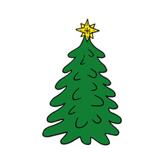 Christmas tree with star hand drawn doodle. single element for design icon, sticker, card, poster. minimalism, new year, holiday, party, cute