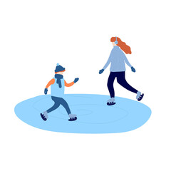 Adults and children are dressed in winter clothing for snowboarding and skiing. Men's and women's cartoon skiing and snowboarding and walking. Winter games on the street, mountain sports. Vector