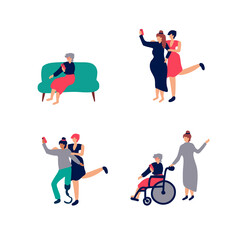 A diverse multi-racial and multicultural group of people of different ages. Happy old men in a wheelchair with a girl, women helping and spending time together. Social diversity. Flat cartoon vector