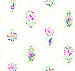 seamless Fantasy botanical flowers in retro, vintage style. Element for design. Colored vector illustration. Isolated on blue background.