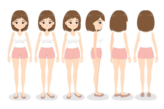 Young woman in white singlet and pink shorts. Front, back, side and 3/4 view, turn around character. Flat cartoon girl. Vector illustration.