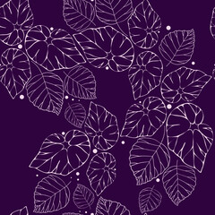White outline of leaves on a burgundy background. Plant seamless pattern. Silhouette of tropical plants.