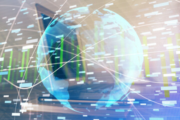 Multi exposure of business theme icons and table with computer background. Concept of success.