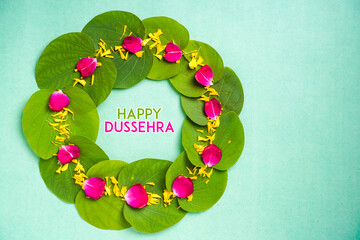 Indian festival dussehra , green leaf, rice and flowers