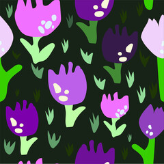 Tulips in pinks mauve colour vector seamless illustration Repeating floral pattern Use for fabric , ribbons, summer decor, greeting cards, background wallpaper art.Orange, red, pinks colour flowers.