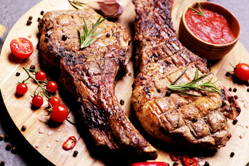 Pork steak with  sauce and spices with vegetables