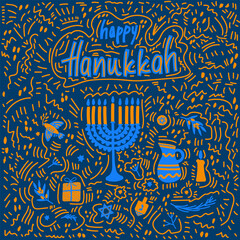 A set of hand-drawn illustrations for greeting cards with the inscription Happy Hanukkah and festive symbols and attributes - menorah, olive branch, flying dove, dreidels. Vector illustration