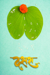 Indian Festival Dussehra , green leaf and rice