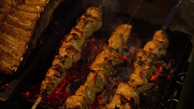 unbelievably beautiful and delicious kebabs of rushed pork grilled, juicy fragrant with spices, the best street food, healthy and natural.
