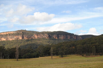 The landscape view of the fields in the Blue Mountains on the sunny day