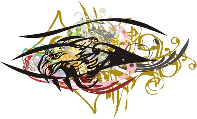 Colorful eye symbol with eagle head inside. Grunge concept of the eye with floral decorative and golden elements for tattoo, fashion trends, textiles, posters, wallpaper, prints on t-shirts, etc.