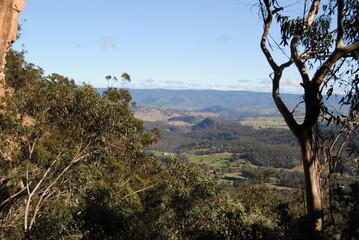 The bright cliffs with the rocks in the Blue Mountains in the national park, Australia