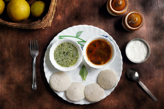 Traditional Indian Breakfast - Idli, Chutney & Sambaar