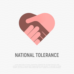 National tolerance flat icon. Handshake in heart shape. Multicultural cooperation, antiracism, integration in society. Vector illustration.