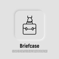 Briefcase in hand thin line icon. Symbol of portfolio. Vector illustration.