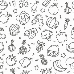 Healthy food seamless pattern. Fruits, vegetables, berries and nuts thin line icons: pineapple, apple, avocado, cabbage, carrot, cherry, coconut, grapes, tomato, broccoli. Vector illustration.