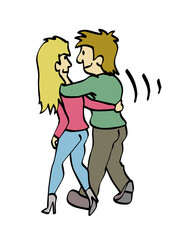 Isolated back view of a couple in love walking and hugging each other. Cartoon style vector illustration.