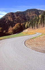 Mountain single track roadway winding towards valley. Autumn leaves on forest trees. Mountain summit on horizon. Blue sky and white clouds. Kirchbach Austria.