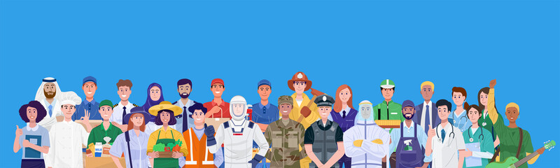 Group of different occupations standing on blue background. Vector