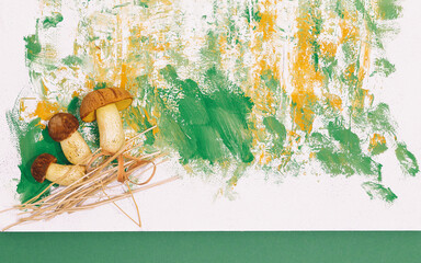Fresh mushrooms on design painted background. Minimal art. Autumn concept. Copy space