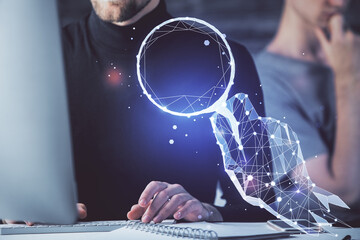 Start up drawings with businessman working on computer on background. Teamwork concept. Double...