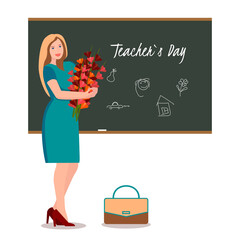  Teacher's Day, teacher, with flowers, at the blackboard, briefcase, on a white background